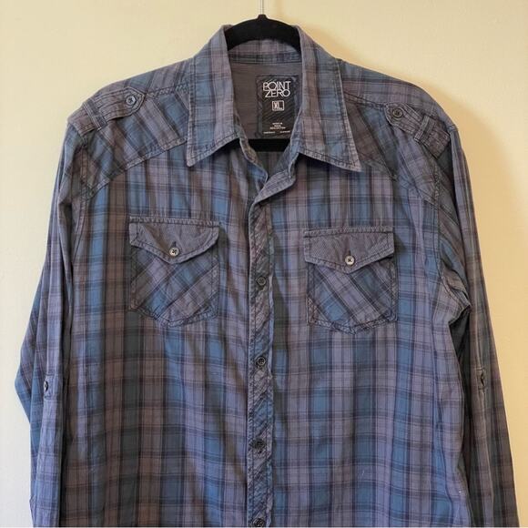 Vintage Point Zero L plaid casual button down t-shirt gray blue long sleeve - Picture 2 of 7